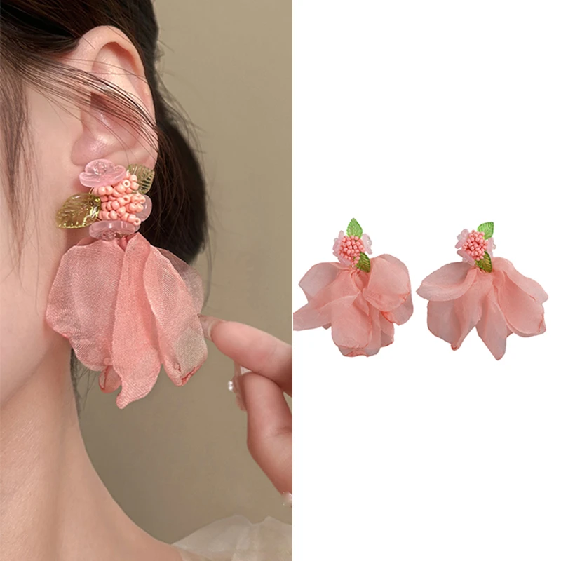 森系粉色雪纺花瓣耳环温柔甜美氛围感繁花耳钉夏日海边度假风耳坠