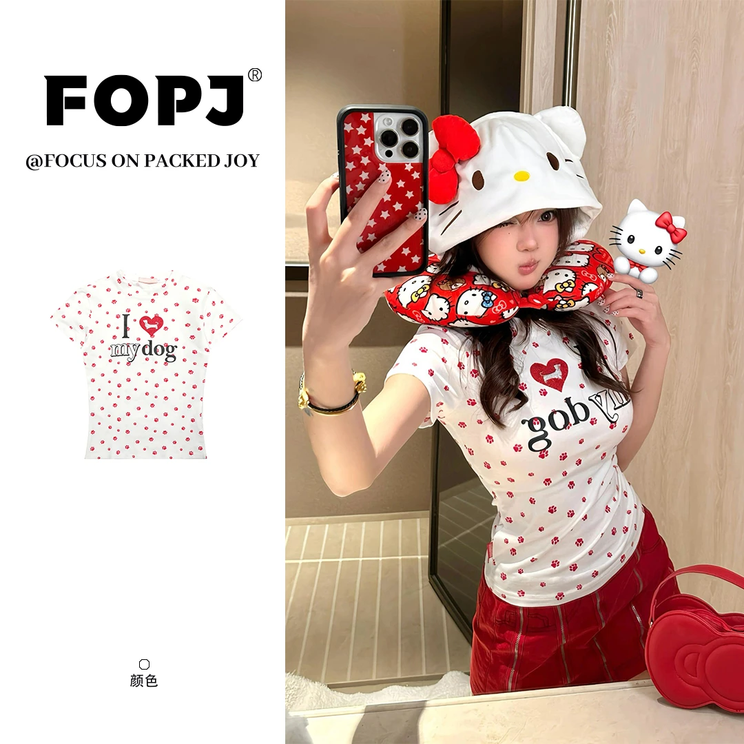 FOPJ夏季新款白色正肩圆领短袖t恤设计感美式百搭修身显瘦上衣女