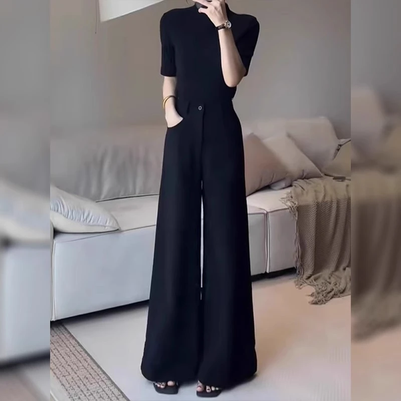 黑色高级阔腿西装裤女夏季新款大码宽松显瘦高腰垂感不贴腿微喇裤