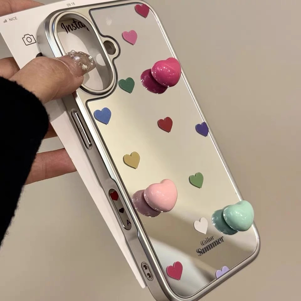 小众立体彩色爱心镜面手机壳适用iPhone16promax苹果13/15/14/12
