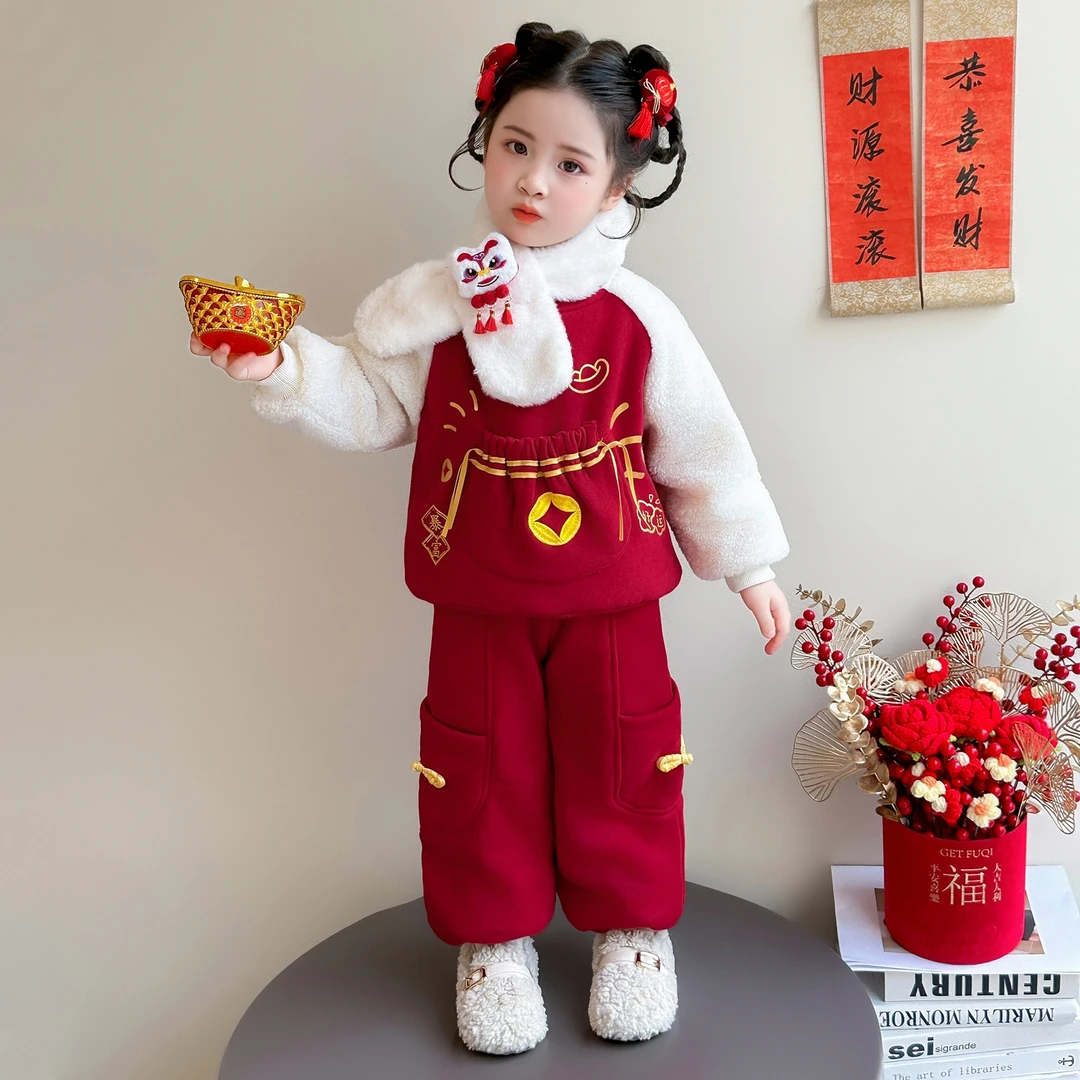 女小童拜年服套装冬季儿童国风加绒加厚冬装女宝宝喜庆新年两件套