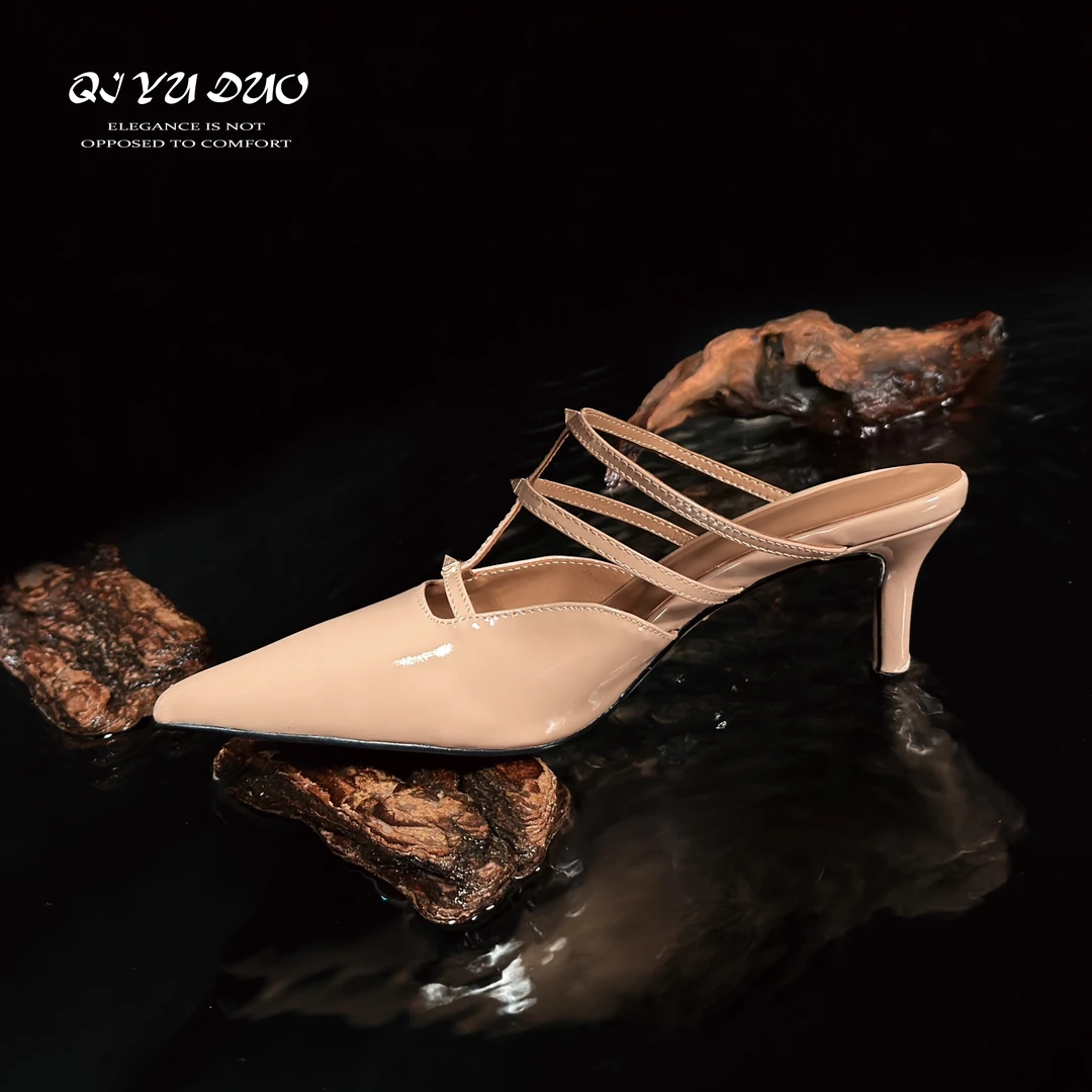 【七与多】牛皮/6cm/性感尖头铆钉真皮穆勒半拖鞋网红高跟鞋女外穿