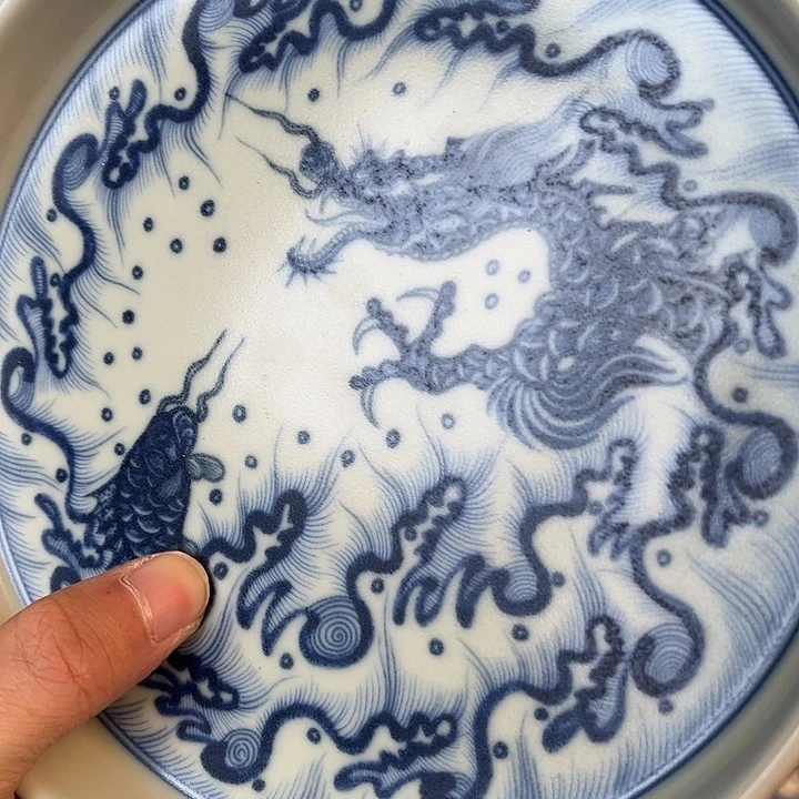 摆件景德镇青花鱼化龙大壶承微瑕