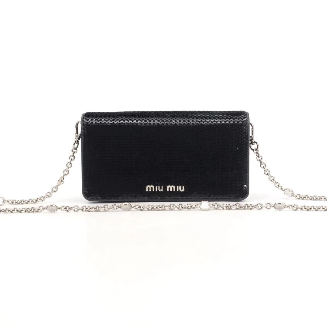 95新 MIU MIU/缪缪 GGS缪缪水钻链条黑银亮片单肩包61274545