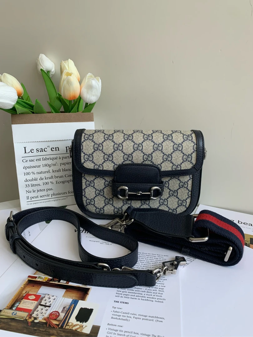 99新 GUCCI/古驰 古驰马衔扣1955小号双肩带深蓝色拼老花配色