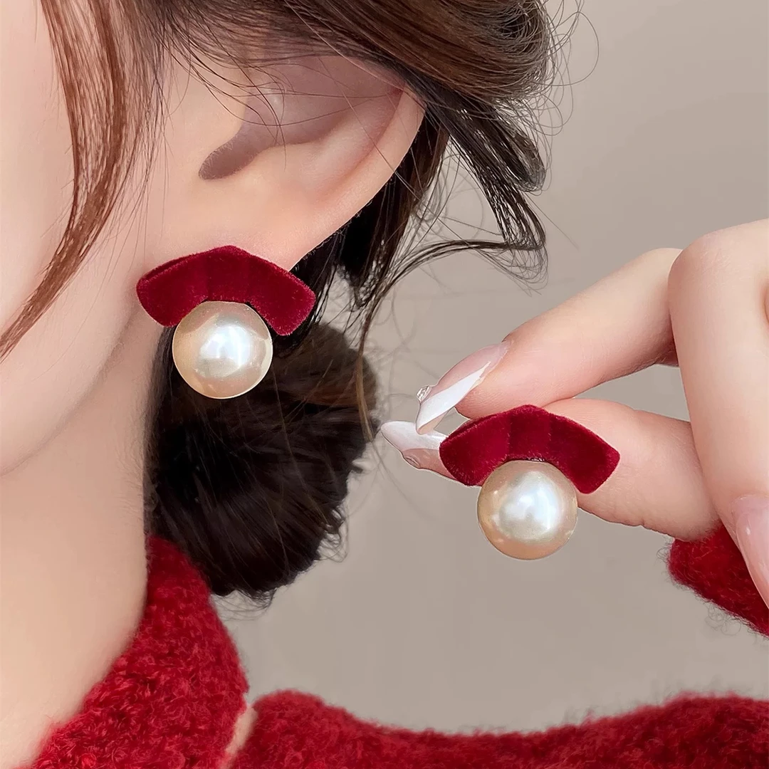 非金属仿珍珠耳饰 法式植绒仿珍珠耳钉女简约气质秋冬耳环耳饰品