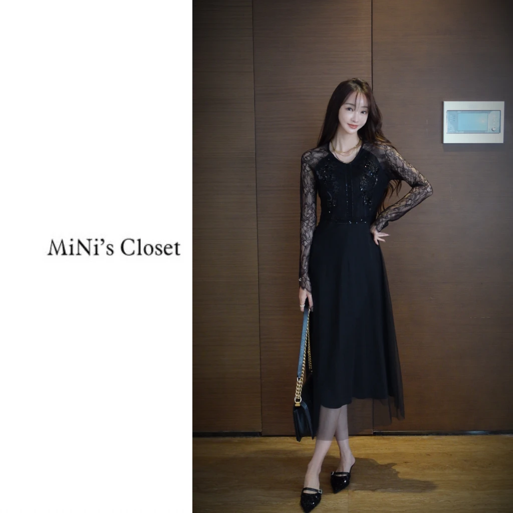 【MiNi推荐】高定轻奢蕾丝网纱拼接连衣裙手工钉珠收腰裙子女JC0207