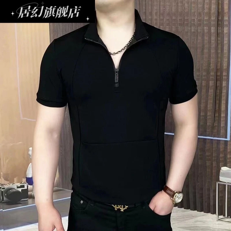 居幻欧洲站短袖冰丝T恤男夏季潮牌休闲高端立领打底衫半拉链上衣