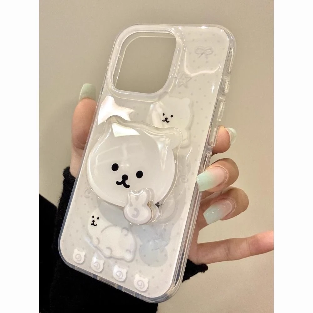 自嘲比耶小熊支架适用iPhone16大孔苹果手机壳华为oppo小米14vivo