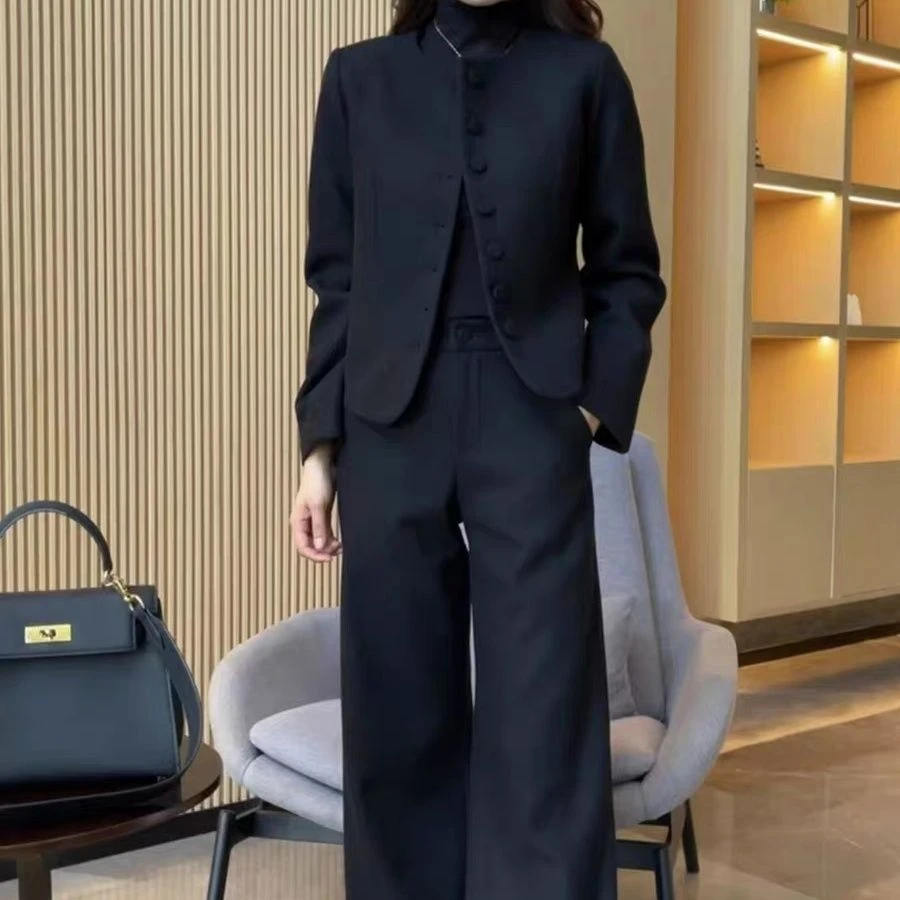 799新款时尚简约气质单排扣圆领外套后松紧腰阔腿裤套装