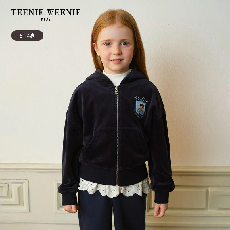 TeenieWeenieKids25年秋冬款女童天鹅绒连帽开衫外套TKMZ258T61I