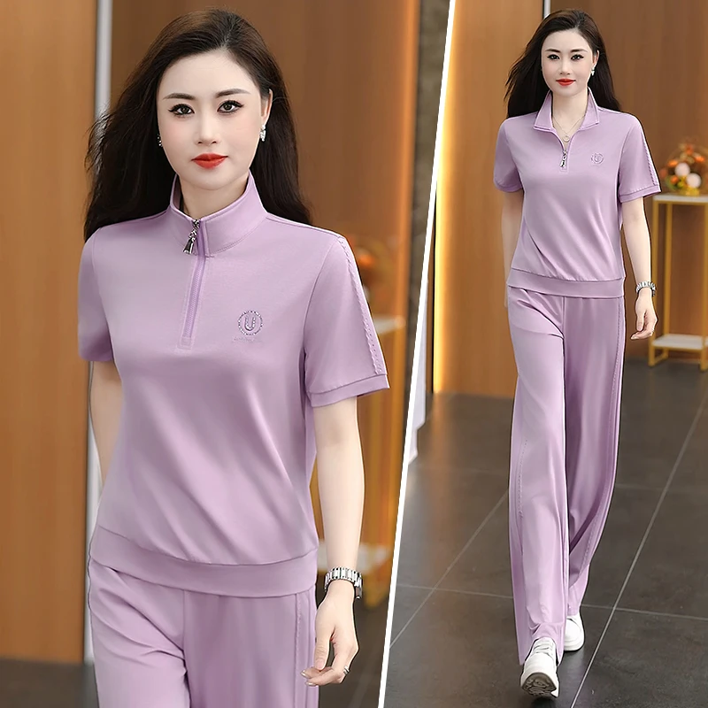 品牌运动套装2025新款韩版夏季短袖翻领跑步休闲服时尚女士两件套