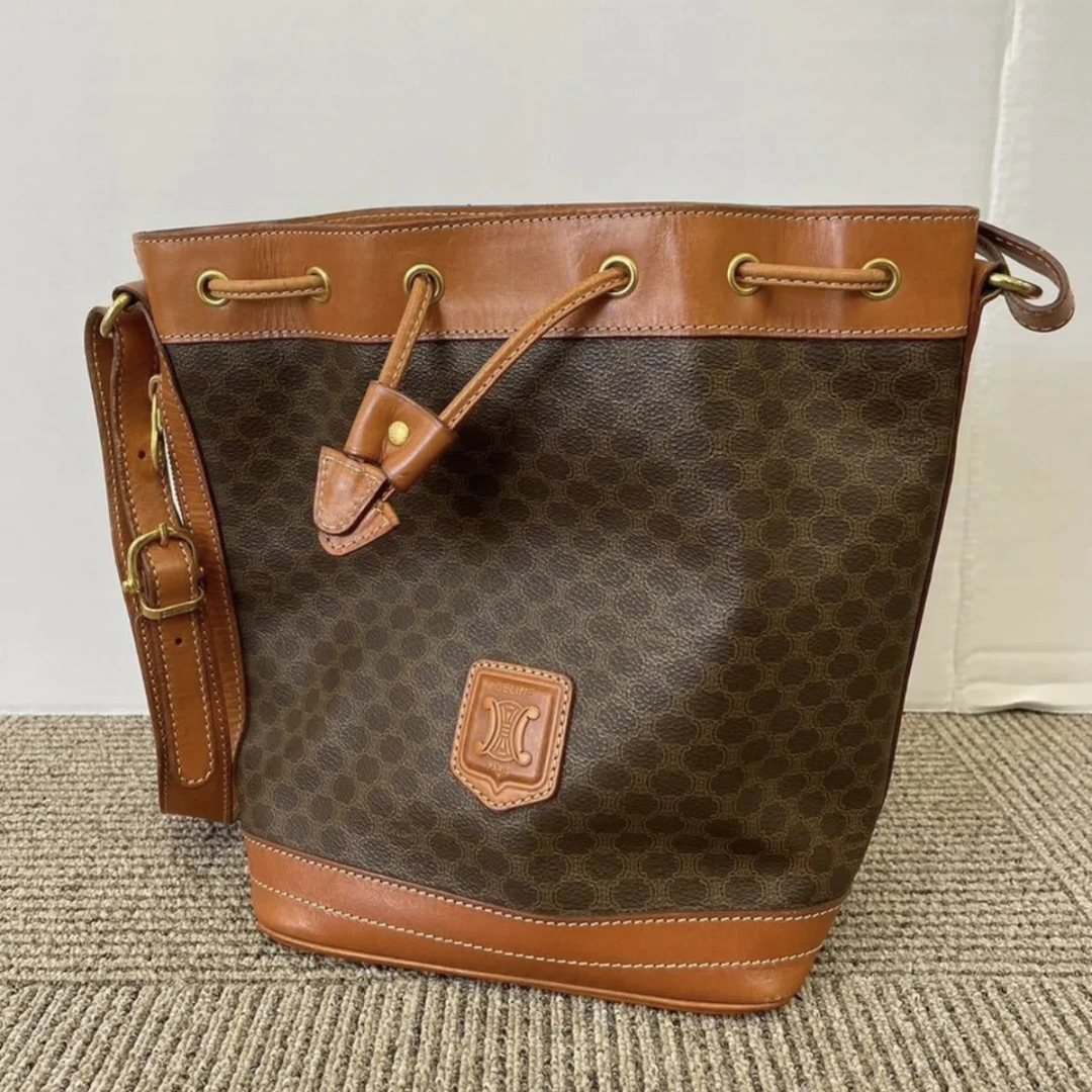 95新 Celine/思琳 XM经典深棕老花凯旋门抽绳立体水桶/JJ01923349