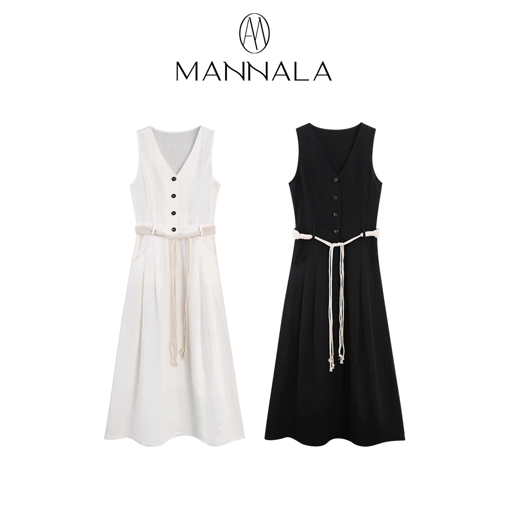 MANNALA丨“米兰夏日”简约经典V领无袖收腰度假亚麻连衣裙 Q8153