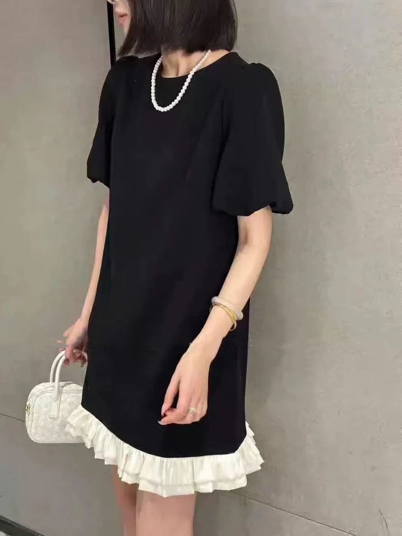 DD-743317法式经典黑色圆领短袖荷叶边连衣裙夏季新款