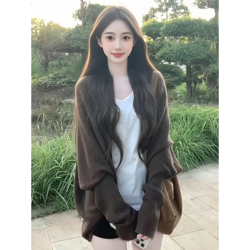 美拉德穿搭慵懒风宽松韩系针织外套女秋季气质休闲毛衣开衫上衣