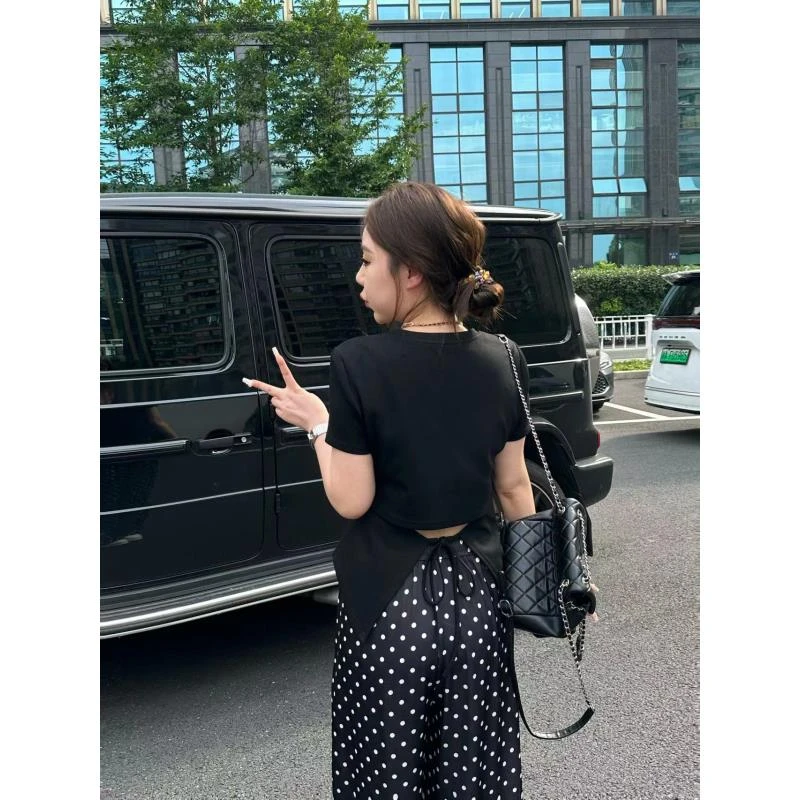 琪琪怪怪大码女装【露背T】设计感后背镂空系带简约T恤T14214QZ