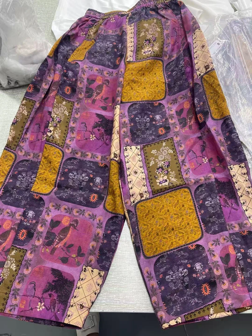 松紧碎花欧美风阔腿裤印花休闲裤扎染紫色重工