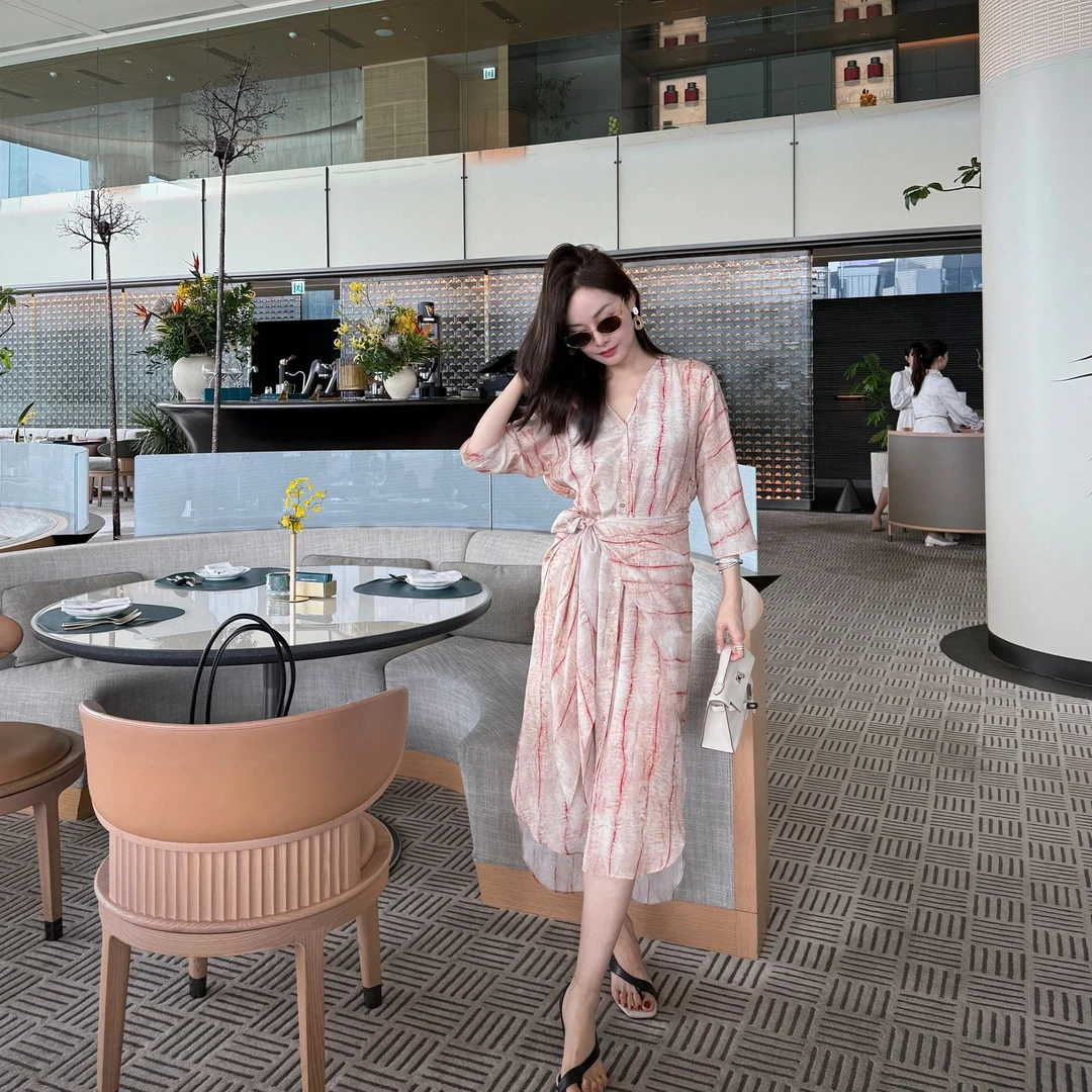 DION LIU｜【晕染真丝裙】100桑蚕丝大理石纹理收腰连衣裙