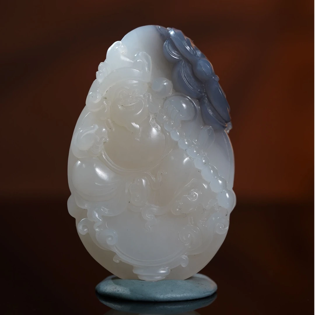 和田玉青海烟紫藕粉财神手把件 102.91g L251108029 B