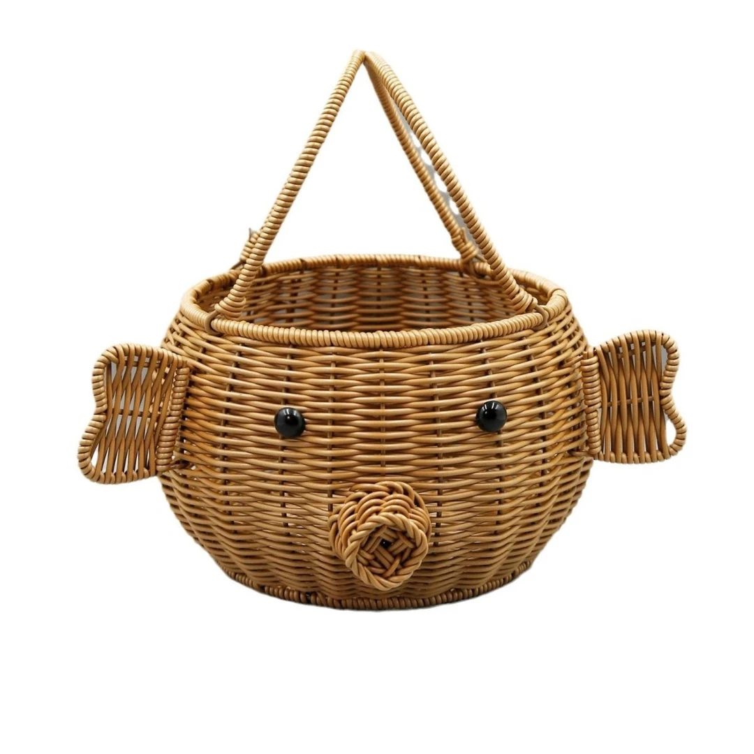 A040仿藤手工编织小猪创意造型手提篮