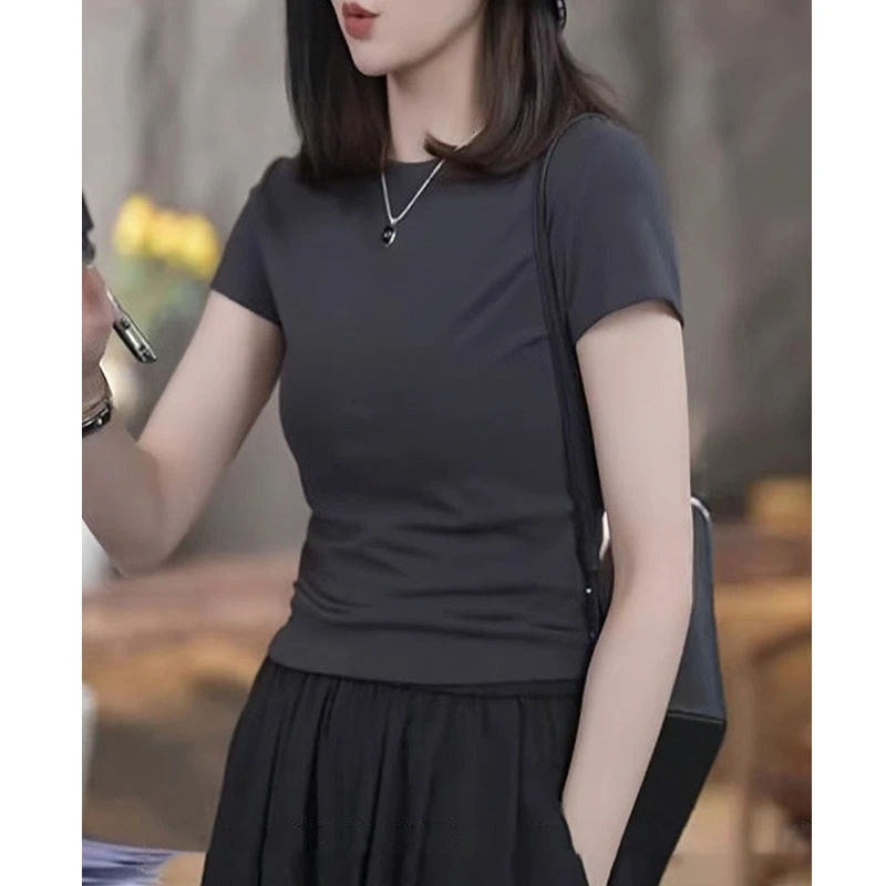 灰色正肩短袖女t恤夏季2025新款修身显瘦时尚洋气高级感体恤上衣