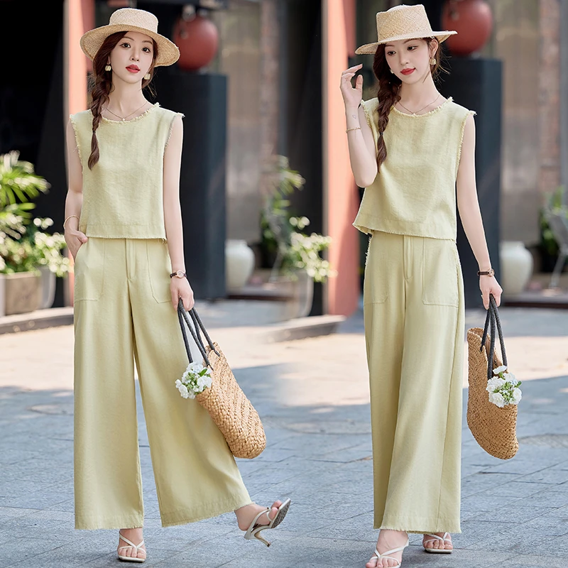 韩系气质毛边无袖背心套装女2025年夏季新款休闲百搭阔腿裤两件套