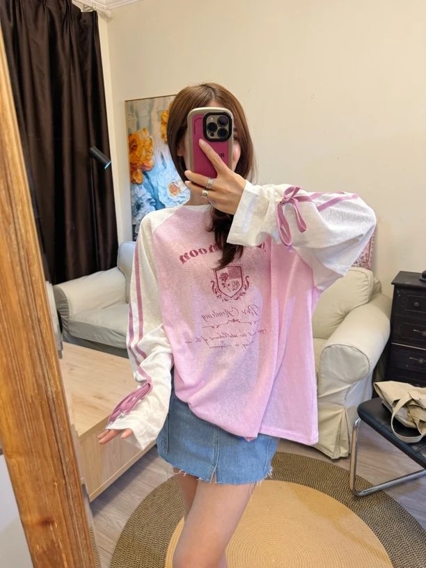 巨甜韩国粉色撞色宽松蝴蝶结防晒长袖t恤