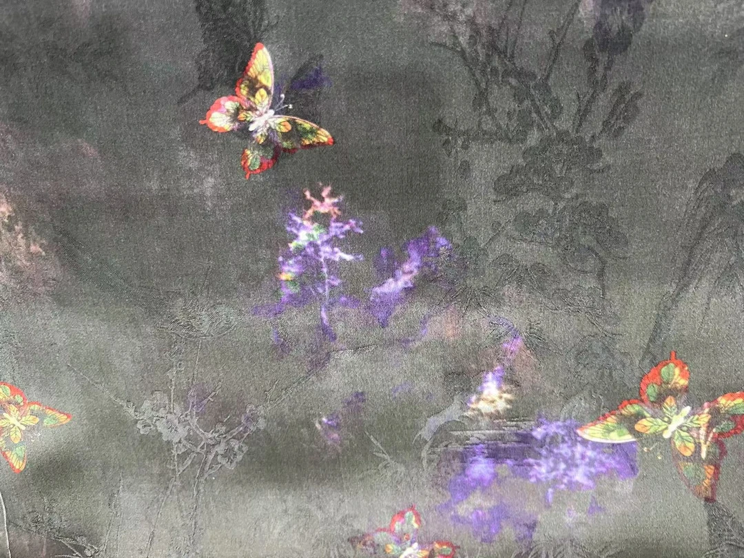 【黑底紫色蝴蝶扎染】 100真丝  香云纱布料