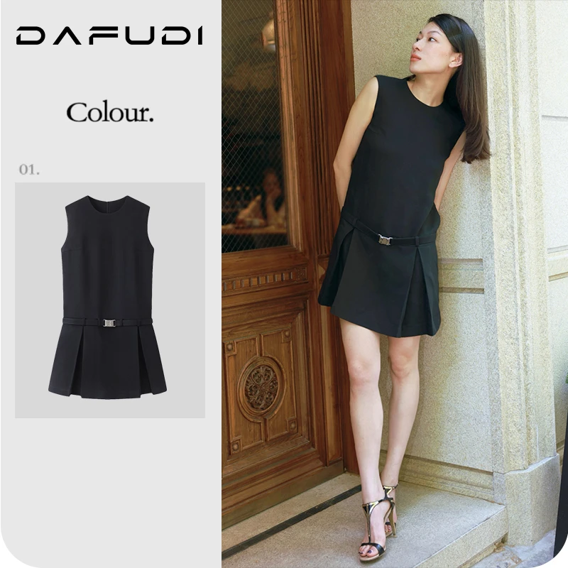 达芙笛【连衣裙】2025年夏季新款黑色纯色休闲无袖长裙子女V6539