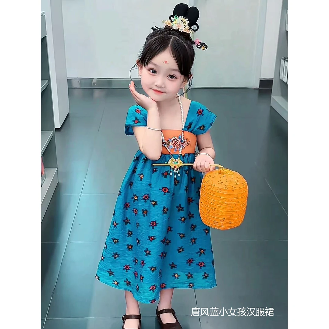 女童唐风刺绣连衣裙小女孩裙子汉服背带裙2025夏款女宝裙节日表演