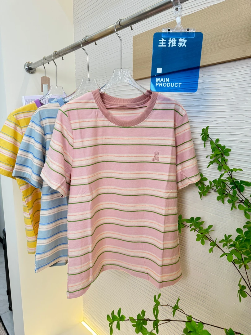 胖丫专属-0303条纹刺绣撞色圆领短袖慵懒风正肩上衣