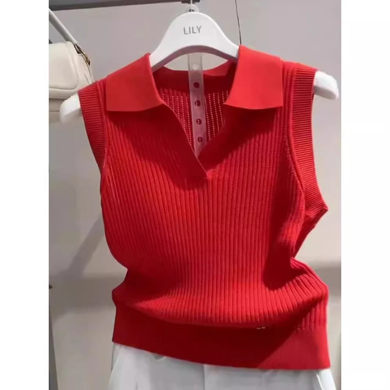红色Polo领针织背心女2025新款夏季修身显瘦韩版无袖针织上衣薄款