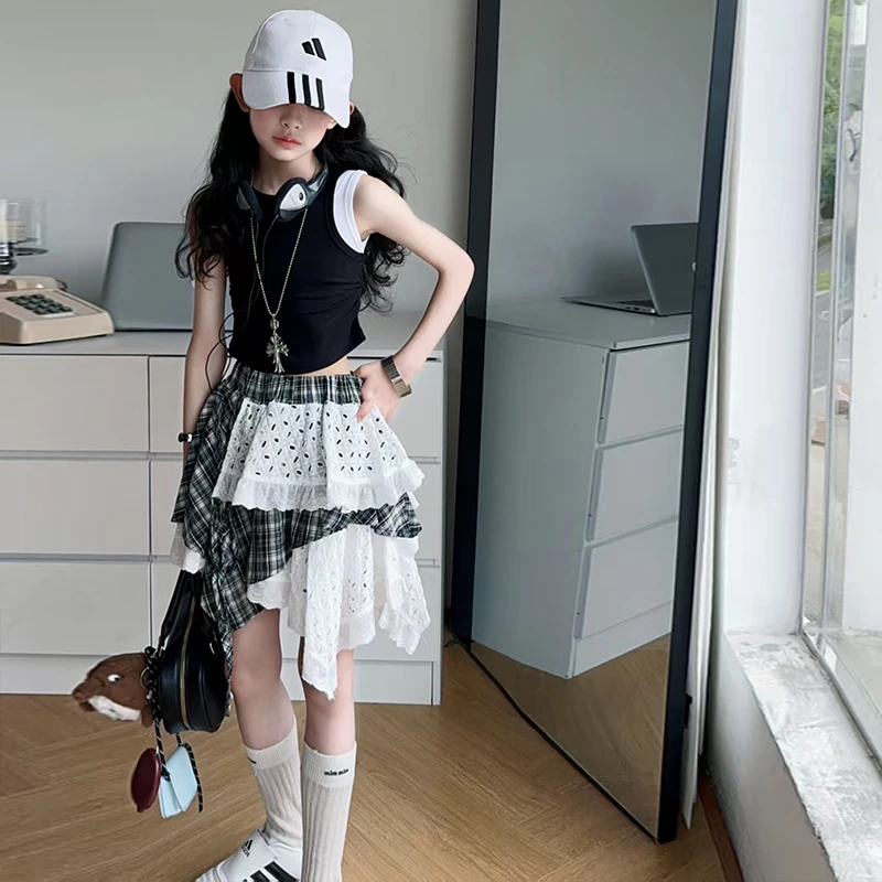嘻嘻柚】女童夏季时尚双肩背心不规则蕾丝拼接格子A字蛋糕裙两件套