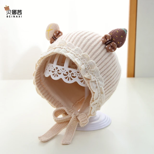 婴儿帽子秋冬季婴幼儿宝宝女洋气蕾丝毛线帽小月龄保暖护耳帽冬季