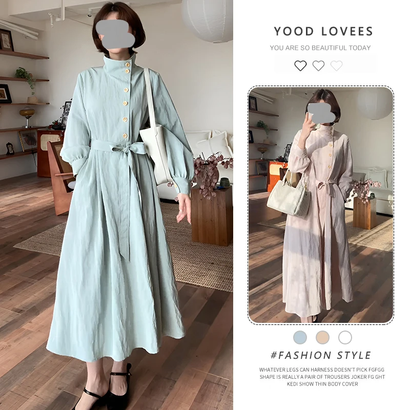 2025春秋季新款设计感韩版宽松长袖连衣裙女温柔风甜美立领长裙子
