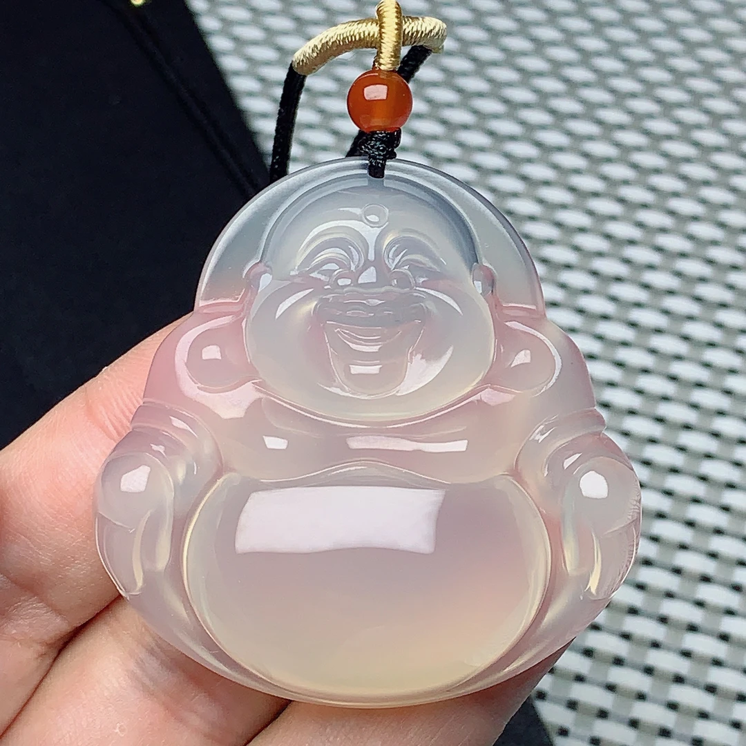 天然玛瑙玉髓冰透双面雕大佛公吊坠弥勒佛玉挂件51.3/51.6/12.6mm