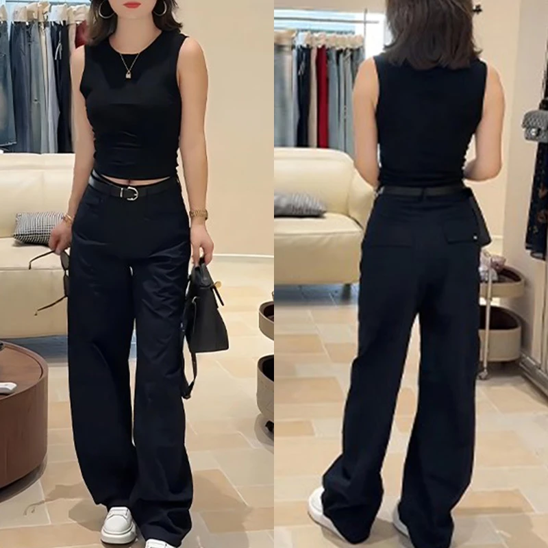 2025年夏季新款复古黑色修身上衣西装阔腿裤套装女长裤时尚两件套