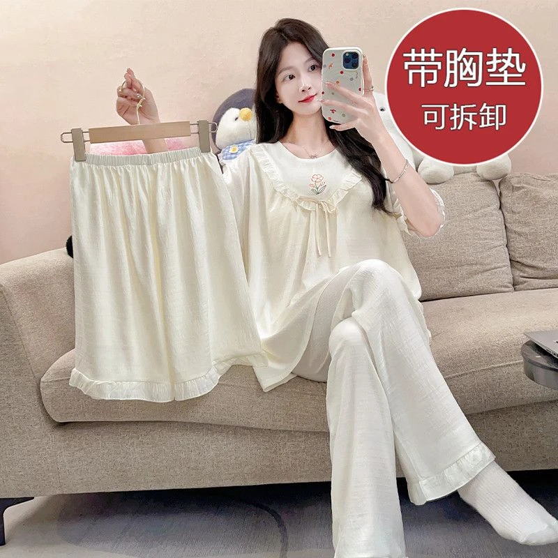 【可拆卸胸垫】睡衣女夏季甜美中长睡裙加肥220斤胖M家居服少女大码