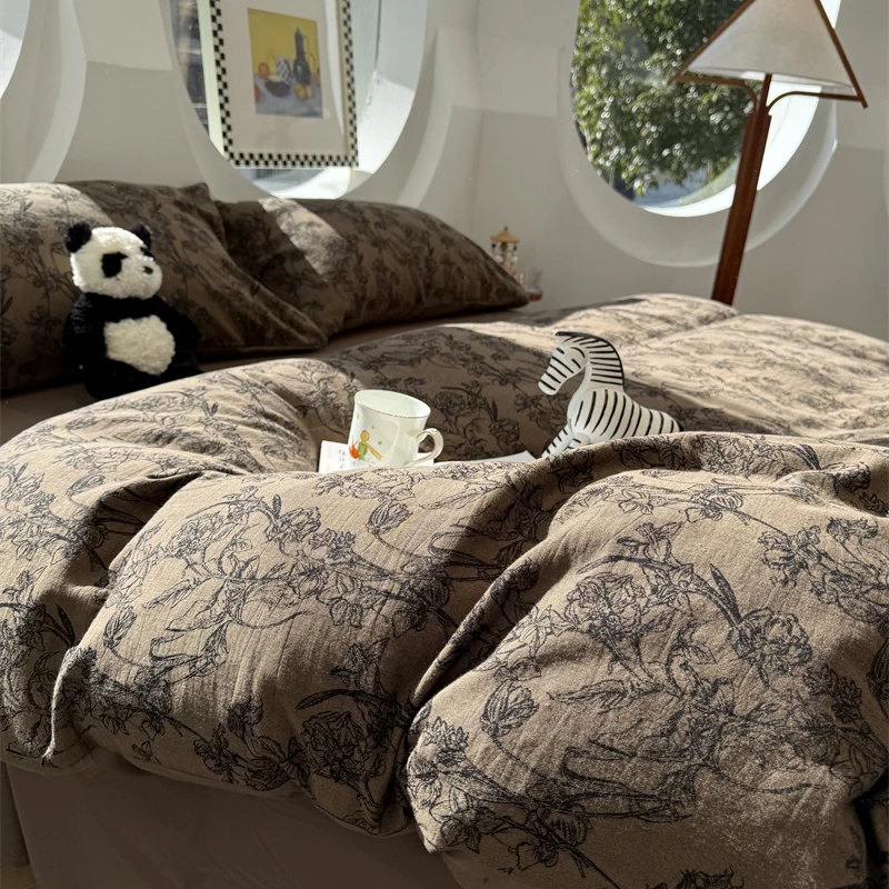 易安阁ins北欧简约色织水洗棉提花咖色床上四件套1.5m1.8全棉纯棉