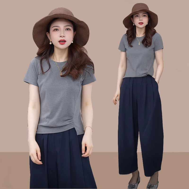 高含棉时髦圆领褶皱拼接短袖t恤女2025夏季新款韩版休闲显瘦上衣