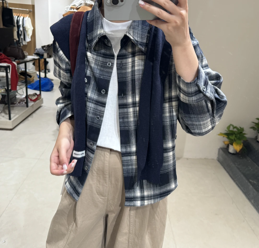 长袖衬衫磨毛秋款格纹宽松百搭韩版格子衬衫外套