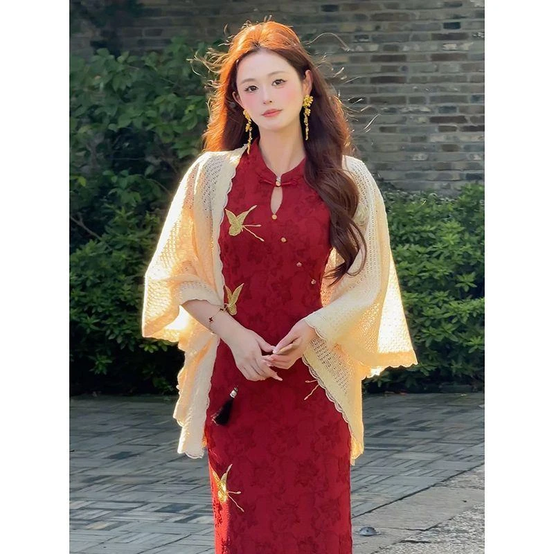 镂空振翅红【】新中式色2025夏长款显贵气质优雅旗袍收腰显瘦裙子