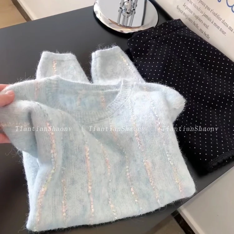 自留款推荐~温柔风蓝色圆领套头毛衣女冬季款甜美减龄软糯针织衫