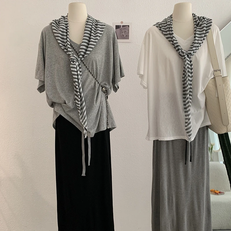 2025新款V领宽松短袖T恤条纹披肩+高腰半身裙两件纯欲慵懒风女装