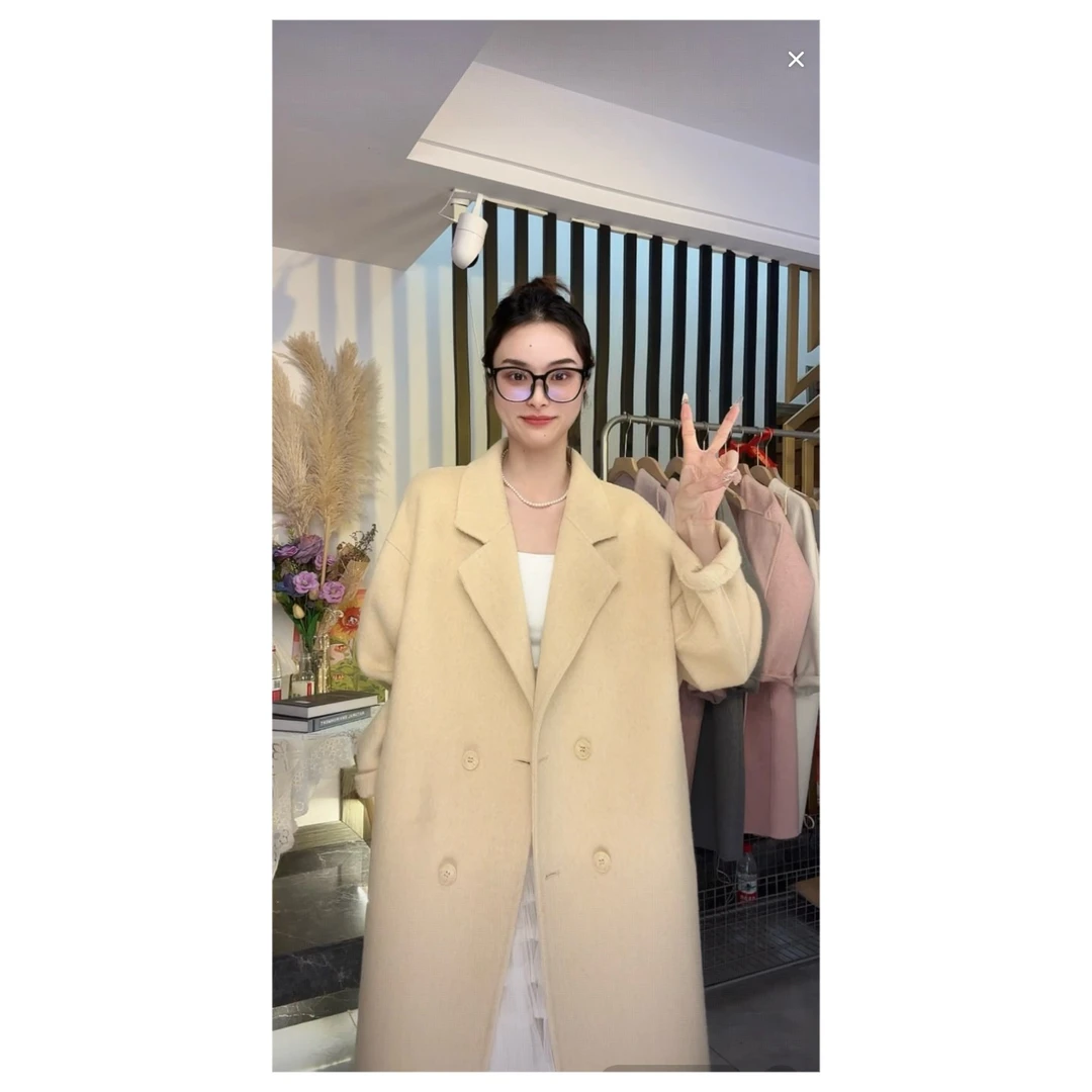 (兰美仁定制）韩版宽松显瘦四粒扣气质经典双面羊毛长款大衣