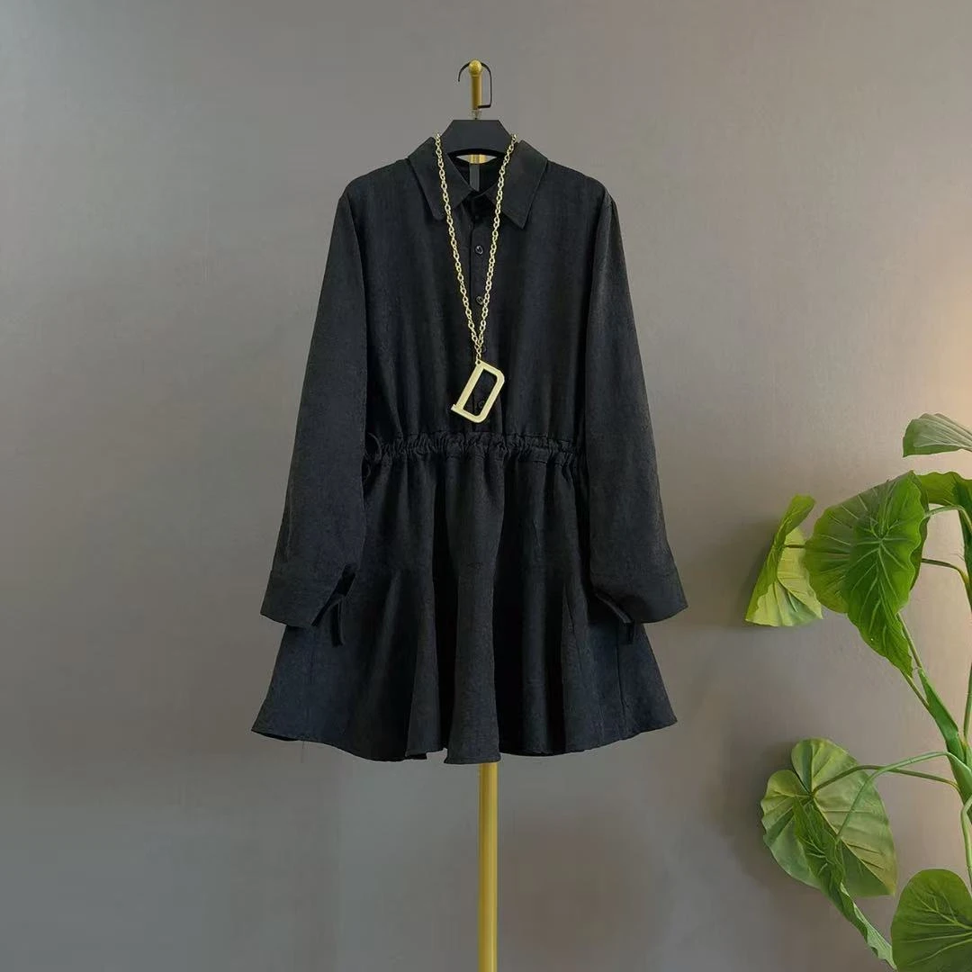 早秋胖mm新款时尚衬衫领高腰抽绳灯笼袖减龄显瘦短款大码连衣裙