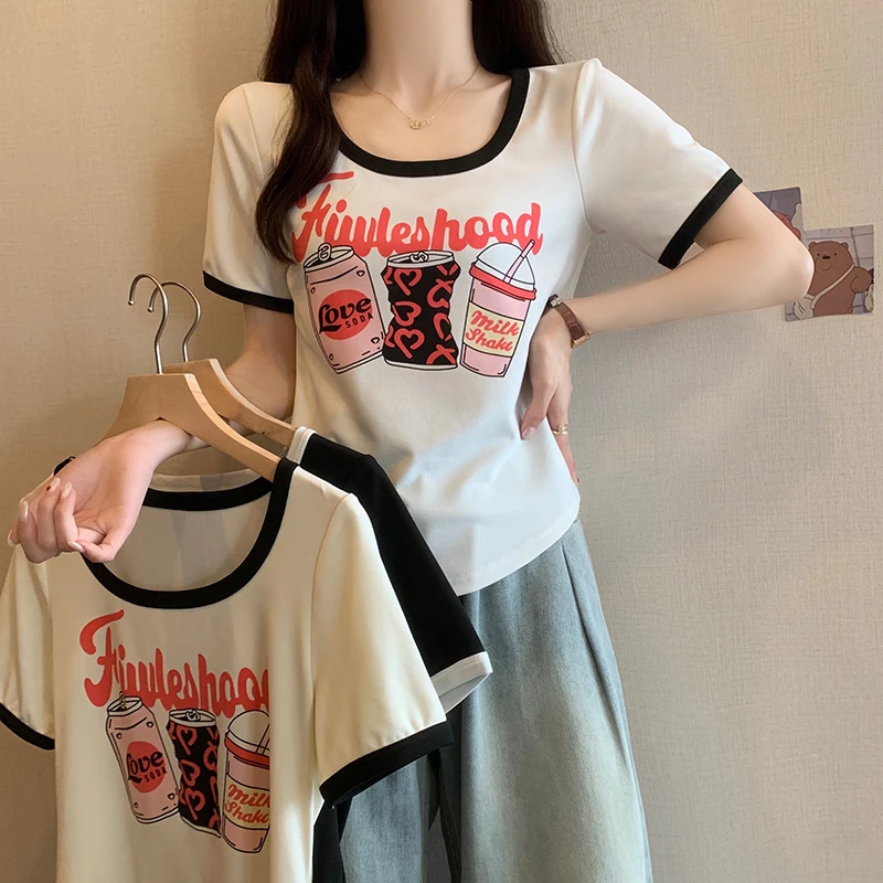 大码女装时尚显瘦印花t恤夏季新款微胖妹妹百搭设计感短袖上衣女