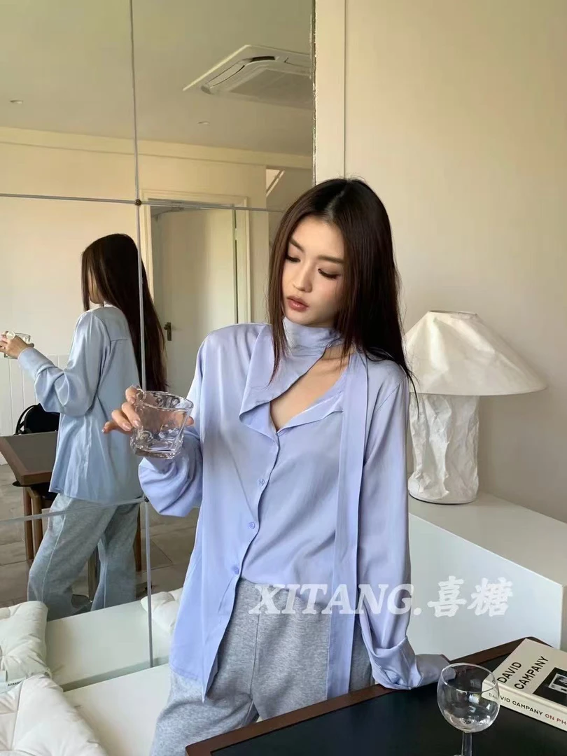 福 喜糖 2916# 法式白色v领挂脖飘带设计感短款衬衫