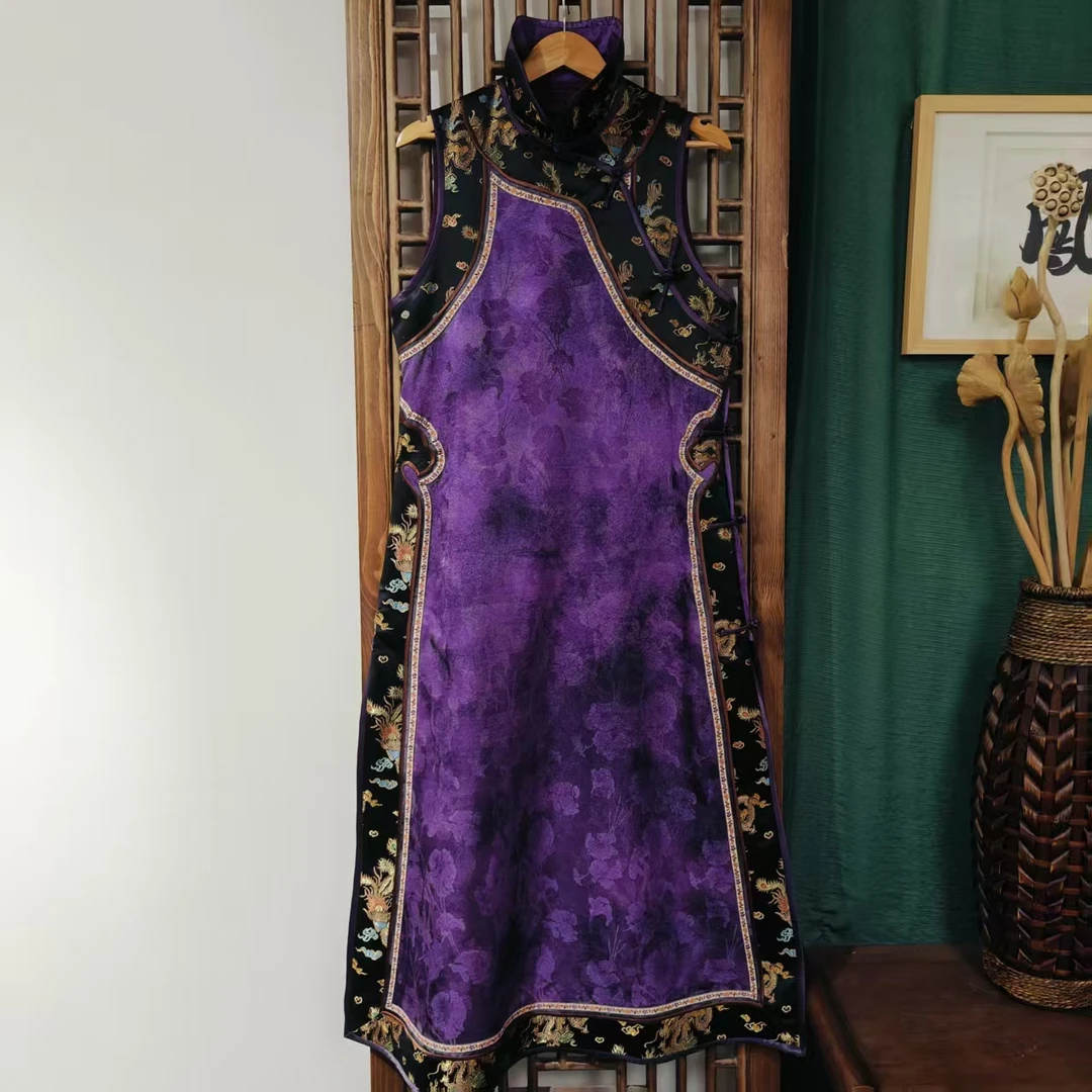 (LS743-1) 凤徕兮私人定制紫色香香底咖金龙凤纹斜襟盘扣旗袍裙